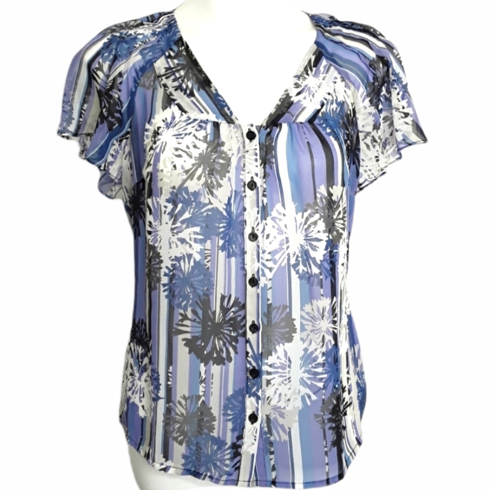 East 5th Semi Sheer Striped Floral Short Sleeve Top EUC sz M